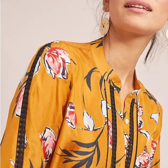 Anthropologie gold mustard floral long sleeve silk shirt M - Picture 3 of 10